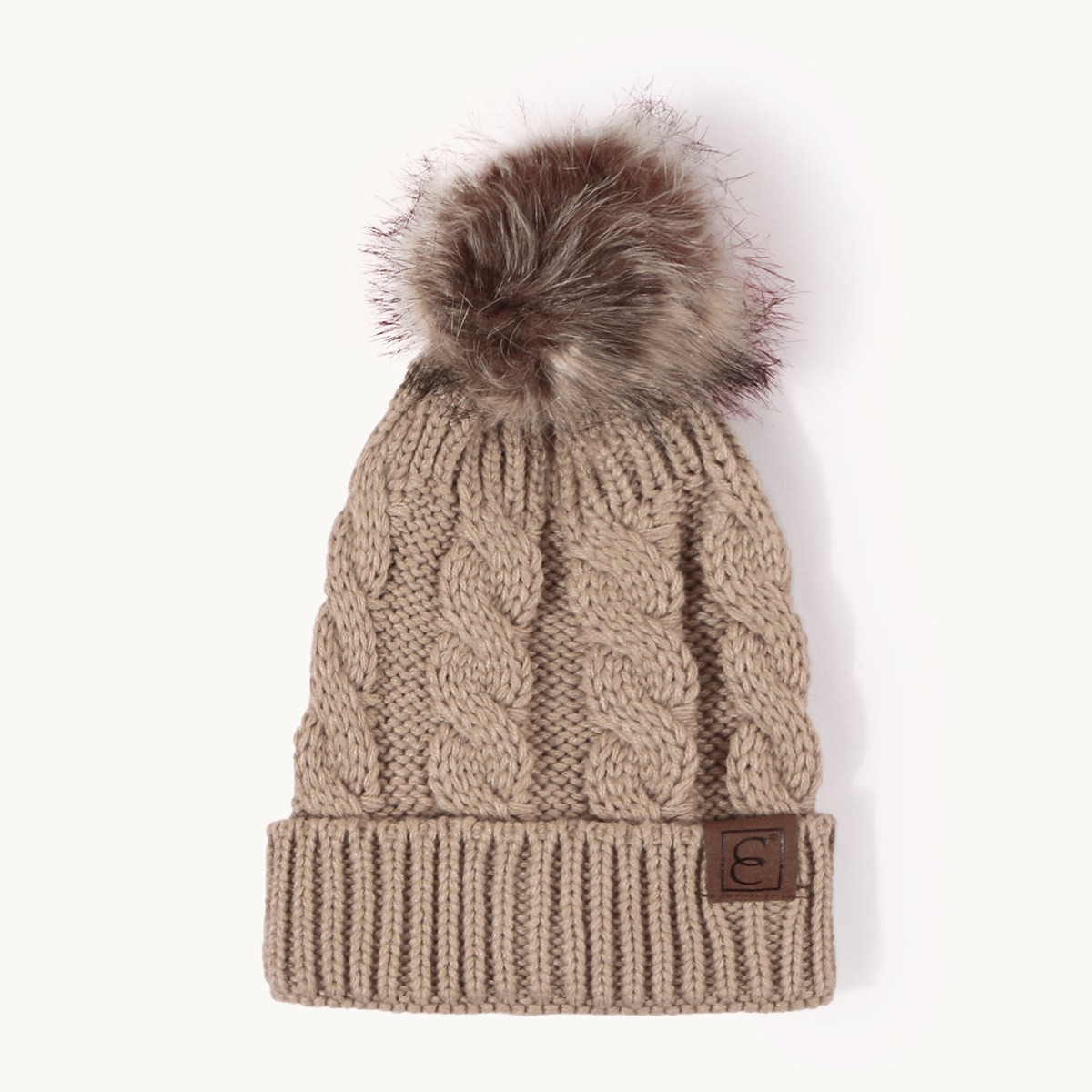 Winter Cable Knit Faux Fur Pom Pom Beanie Hat for Women Soft Warm Cuffed Skull Cap
