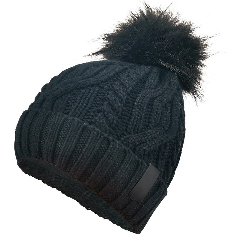Winter Warm Knit Pom Beanie with Faux Fur Trim