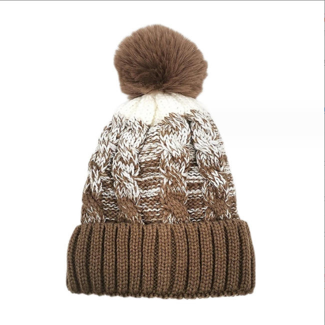 Gradient Cable Knit Pom Pom Beanie with Cuffed Ribbed Hem