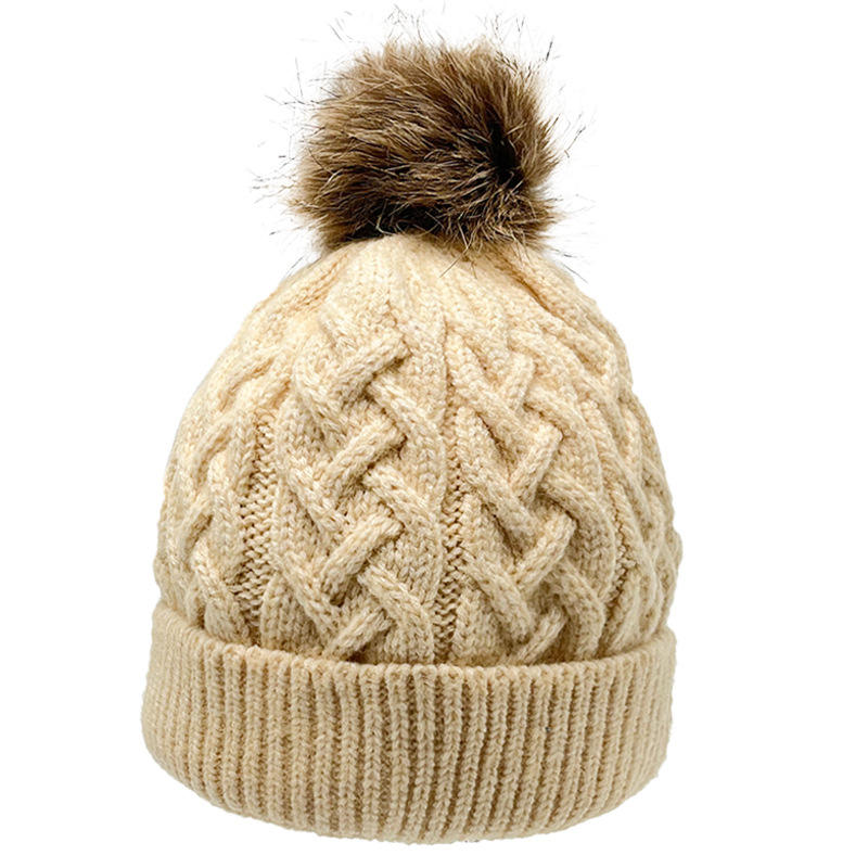 Winter Cable Knit Cuffed Pom Pom Beanie Hat