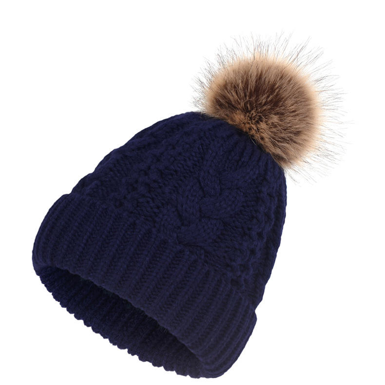 Winter Cable Knit Beanie with Faux Fur Pom – Soft Warm Cuffed Hat
