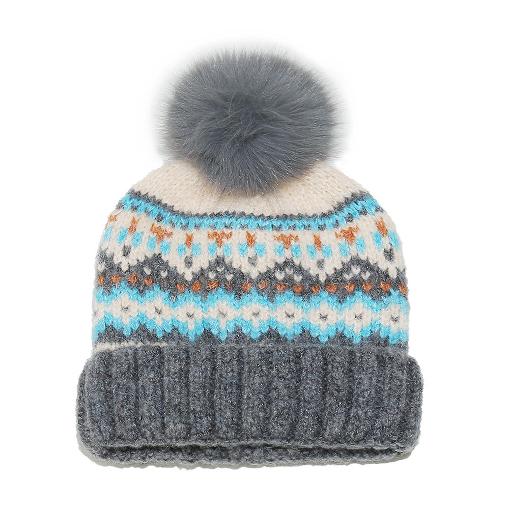 Winter Fair Isle Knitted Pom Pom Beanie Hat Warm Nordic Pattern Cap