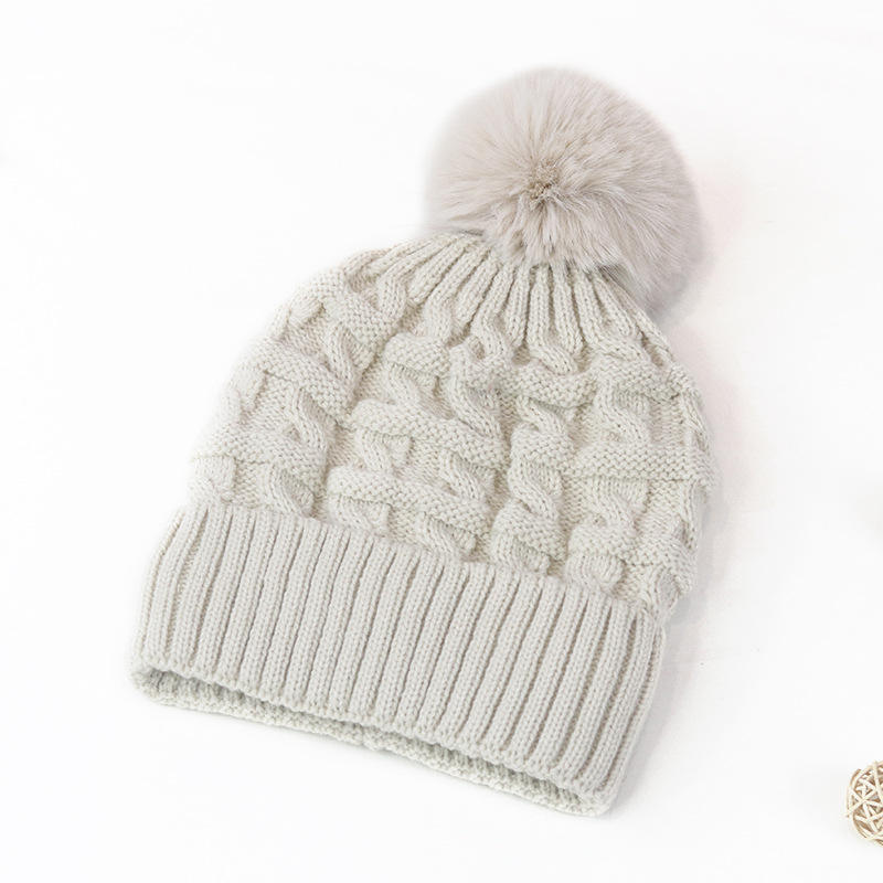 Winter Cable Knit Cuffed Beanie with Faux Fur Pom Pom for Women and Men