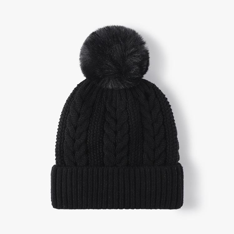 Winter Warm Cable Knit Beanie with Faux Fur Pom