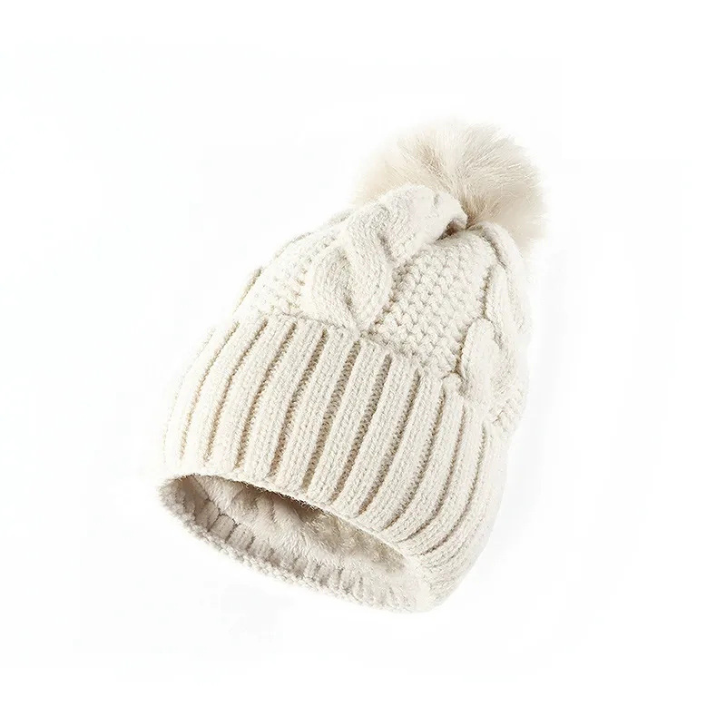Winter Cable Knit Beanie with Faux Fur Pom Pom