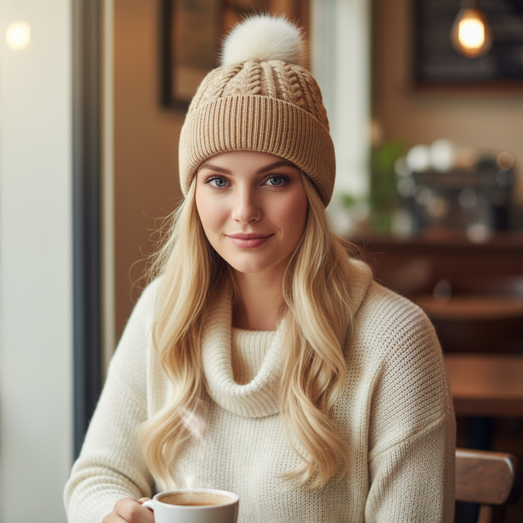 Winter Cable Knit Beanie with Faux Fur Pom Pom for Women