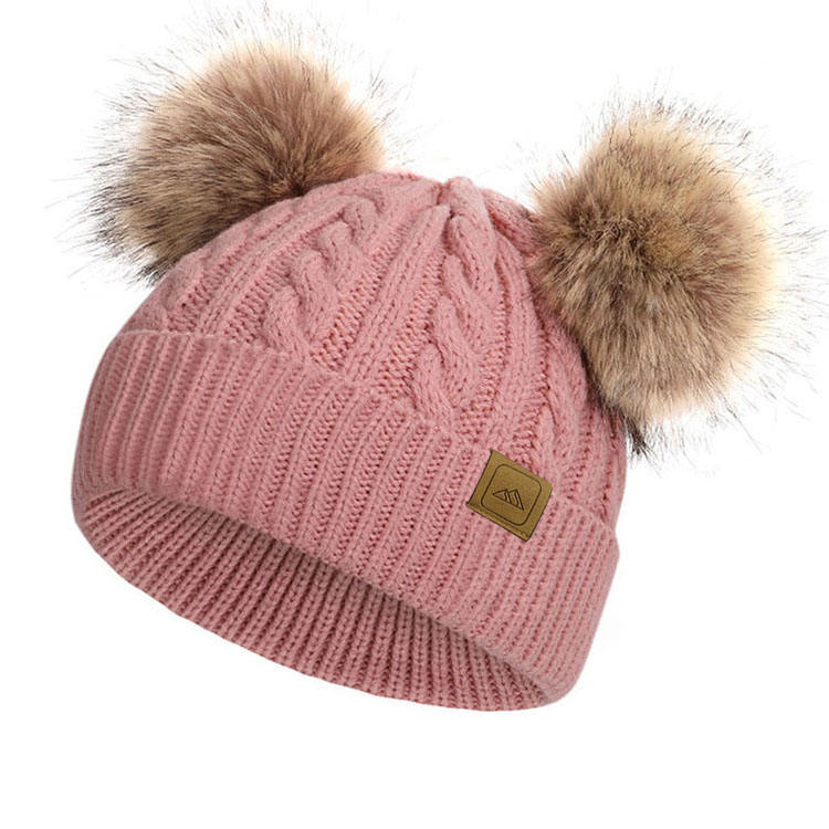Warm Winter Cable Knit Double Pom Pom Beanie Hat for Kids & Adults