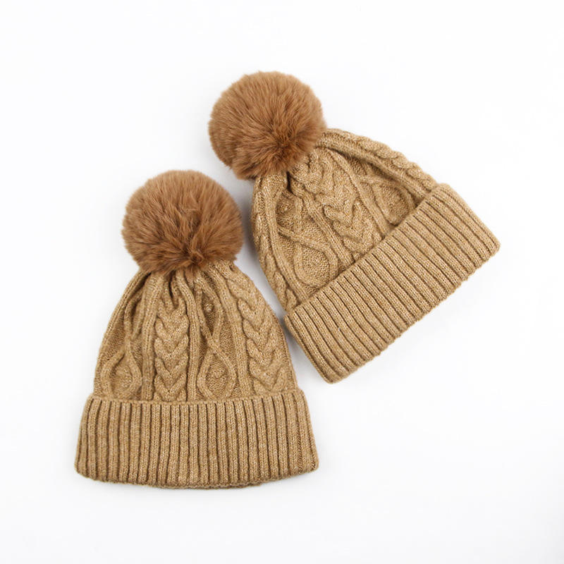 Warm Cable Knit Beanie with Faux Fur Pom Pom and Folded Cuff