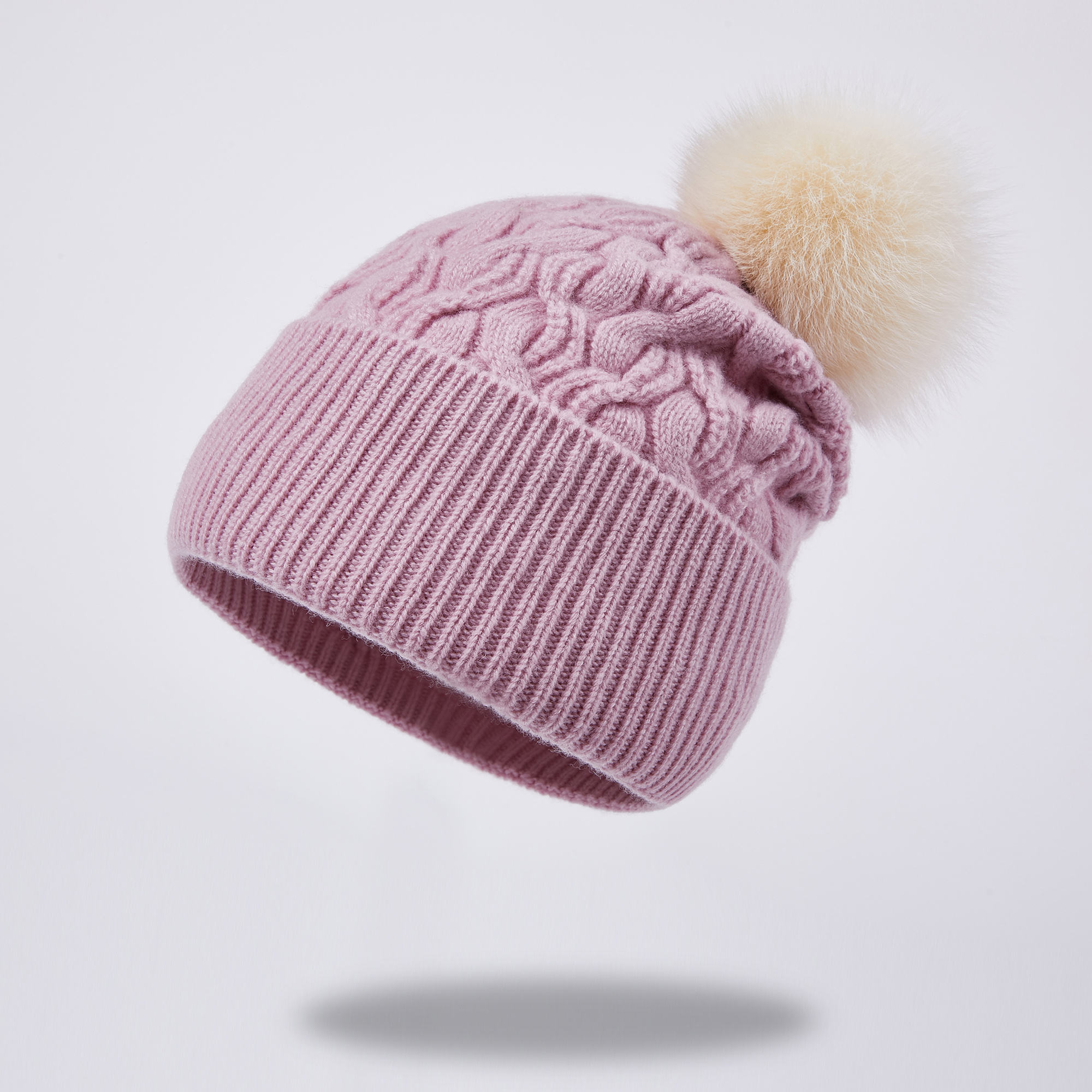 Cable Knit Cuffed Beanie Hat with Faux Fur Pom Pom
