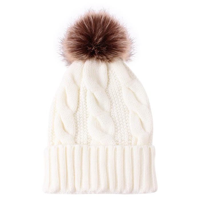 Faux Fur Pom-Pom Cable Knit Cuffed Winter Beanie Hat