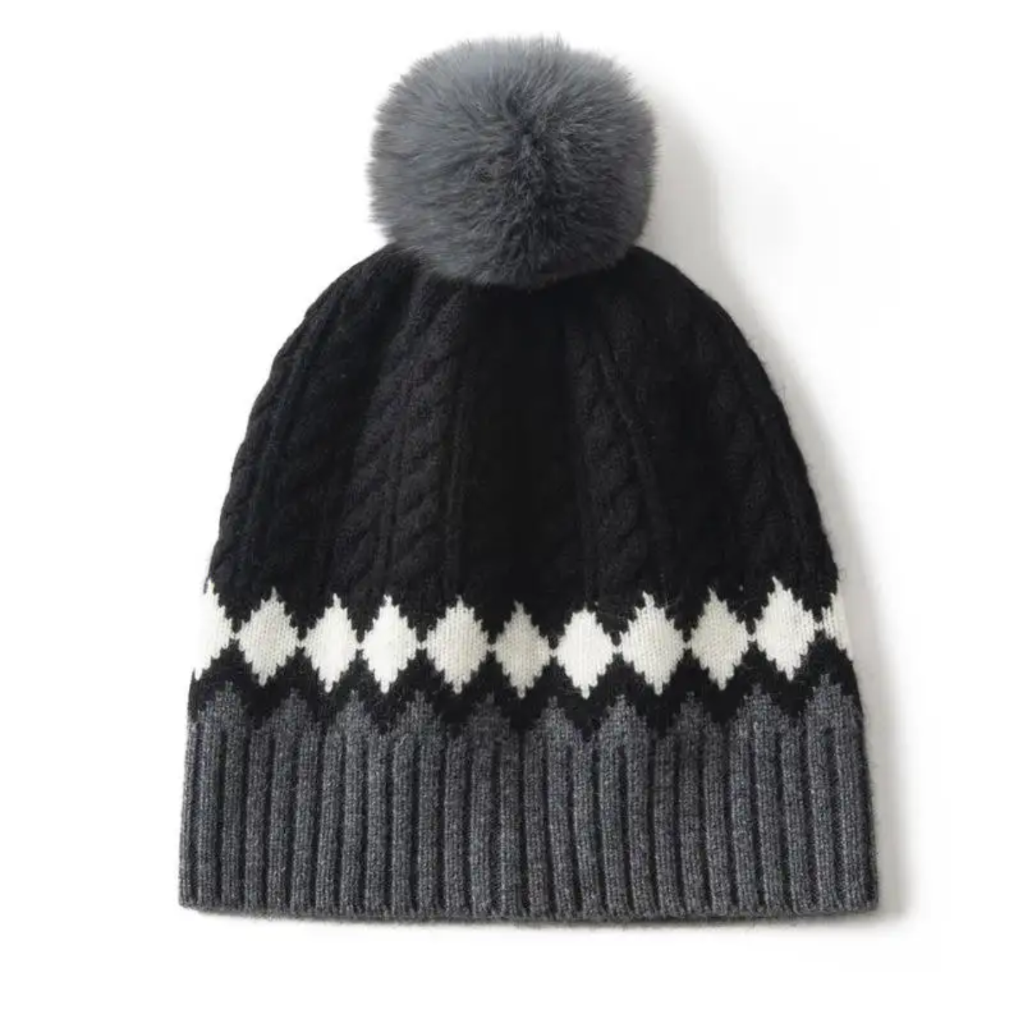 Winter Cable Knit Cuffed Pom Pom Beanie with Faux Fur Ball