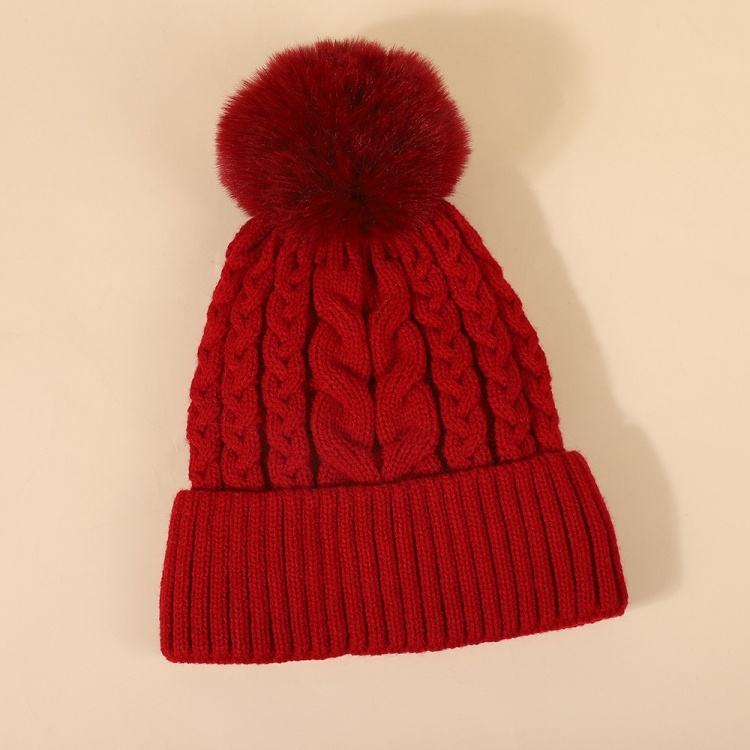 Winter Cable Knit Beanie Hat with Faux Fur Pom Pom