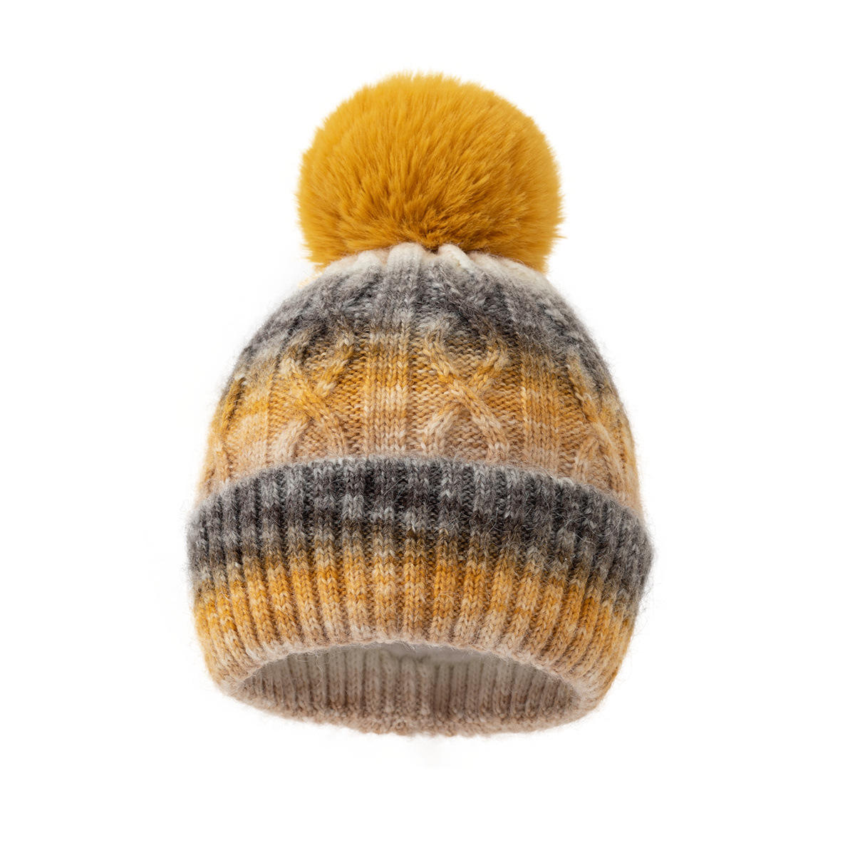 Thick Cable Knit Cuffed Beanie with Faux Fur Pom Pom