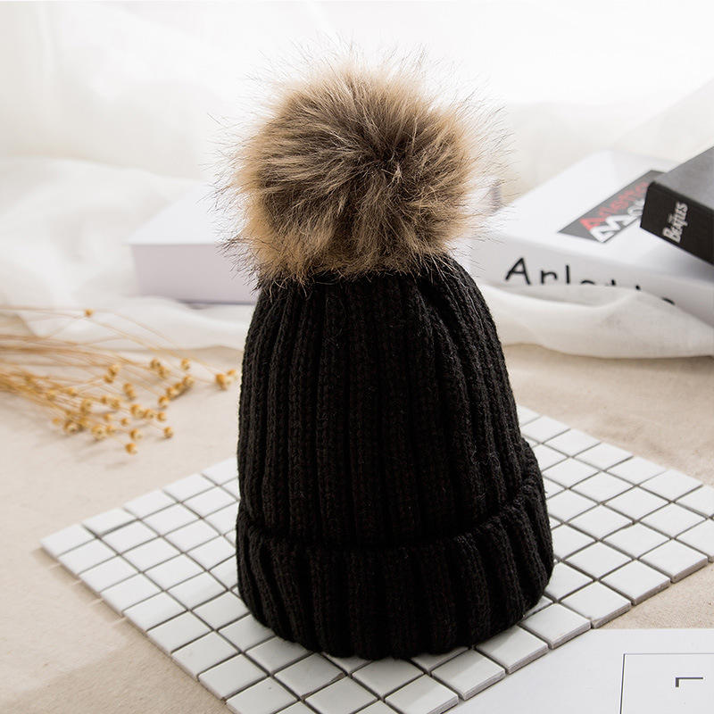 Winter Faux Fur Pom Beanie – Thick Knit Cuffed Warm Hat