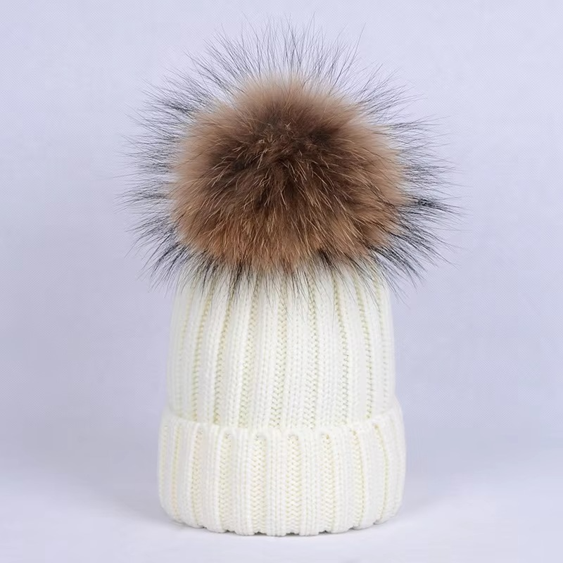 Winter Ribbed Knit Beanie with Faux Fur Pom Pom – Cuffed Warm Hat for Cold Weather