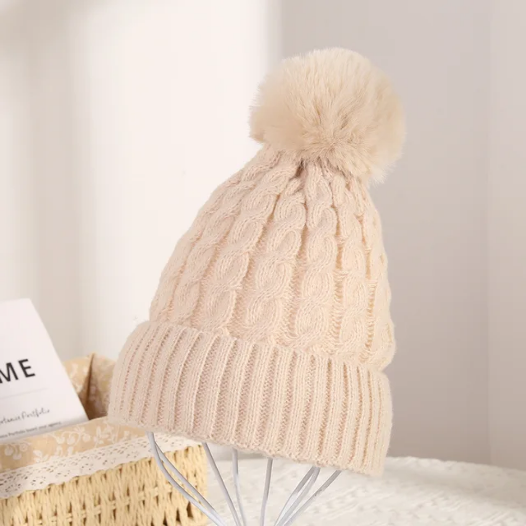 Winter Warm Knit Beanie Hat with Faux Fur Pom for Women - Soft Ribbed Cuffed Style