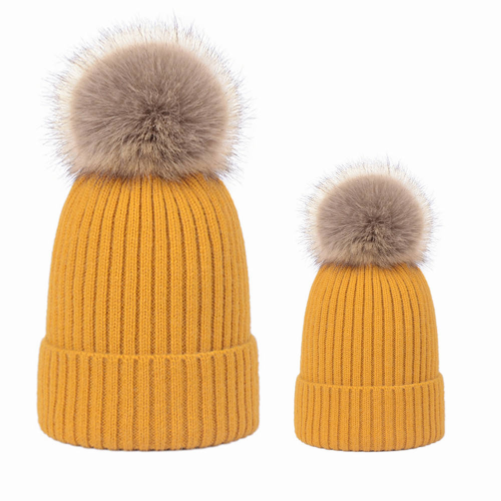 Warm Winter Knit Pom Pom Hat – Adult & Kid Matching Beanie Set