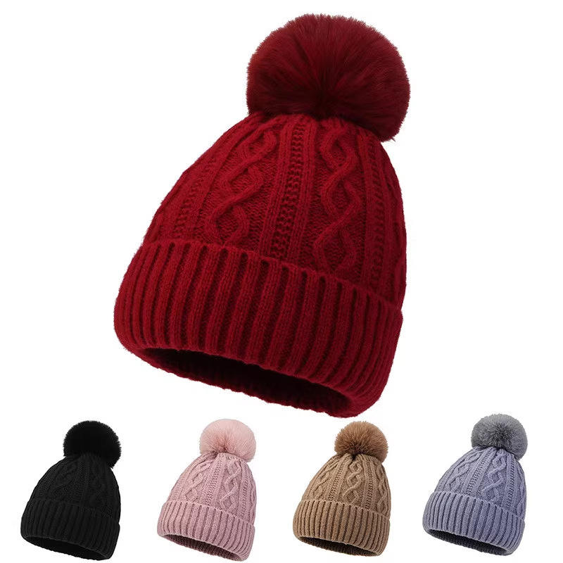 Winter Pom-Pom Cable Knit Beanie in Multiple Colors