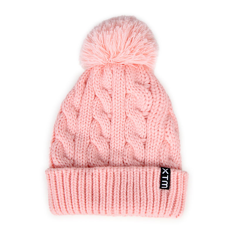 Thick Cable Knit Cuffed Beanie with Faux Fur Pom Pom for Winter