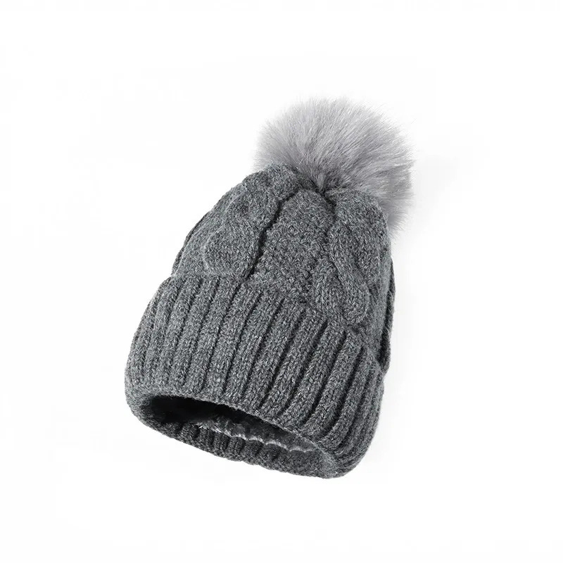 Winter Cable Knit Beanie with Faux Fur Pom Pom