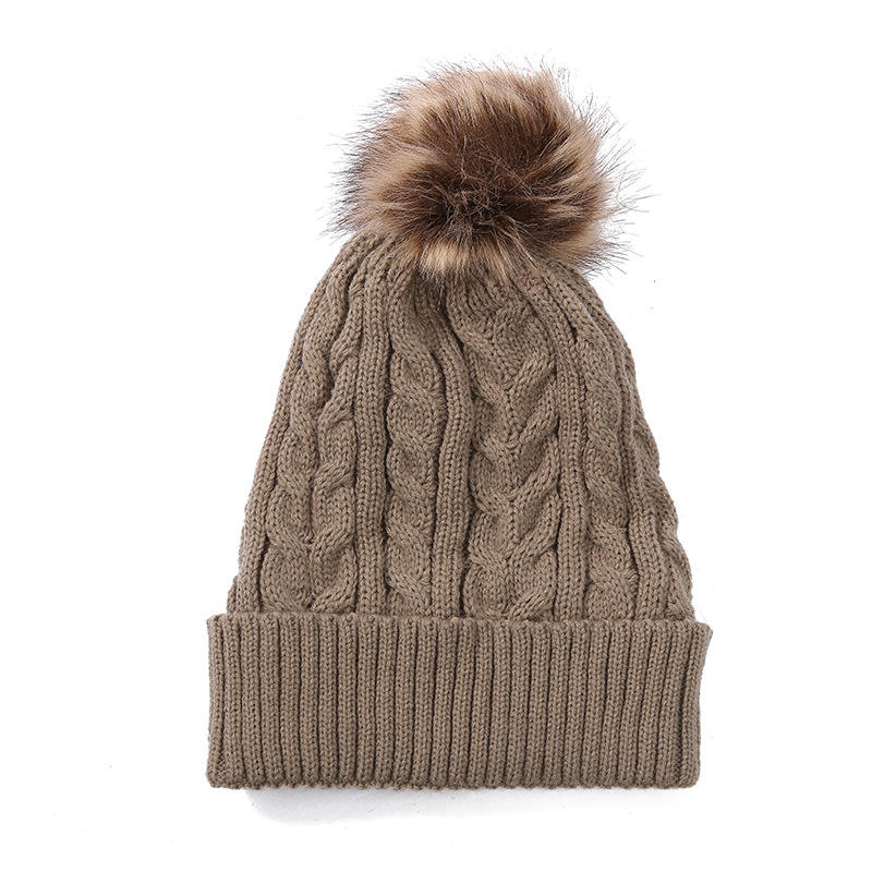 Winter Cable Knit Pom Pom Beanie Hat with Faux Fur