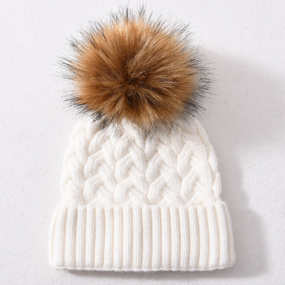 Winter Faux Fur Pom Cable Knit Beanie – Warm Chunky Cuffed Hat