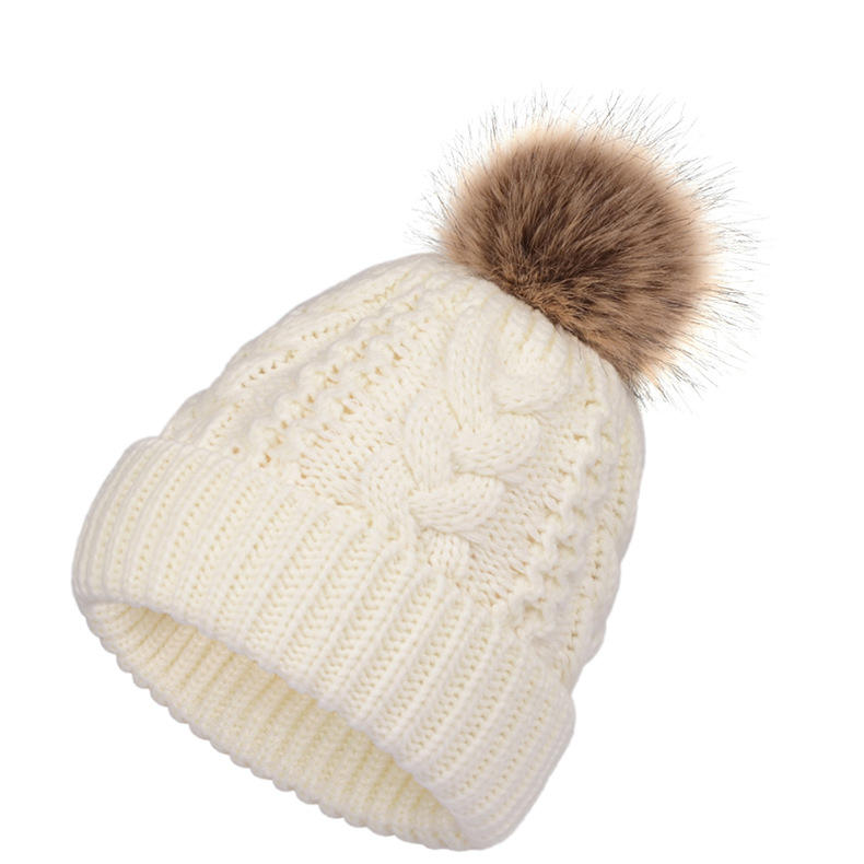 Winter Warm Cable Knit Beanie with Faux Fur Pom – Cuffed Soft Wool Hat