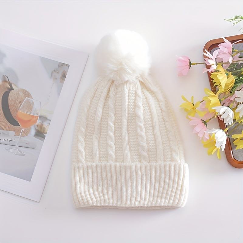 Winter Warm Knit Beanie Hat with Faux Fur Pom Pom – Multiple Colors