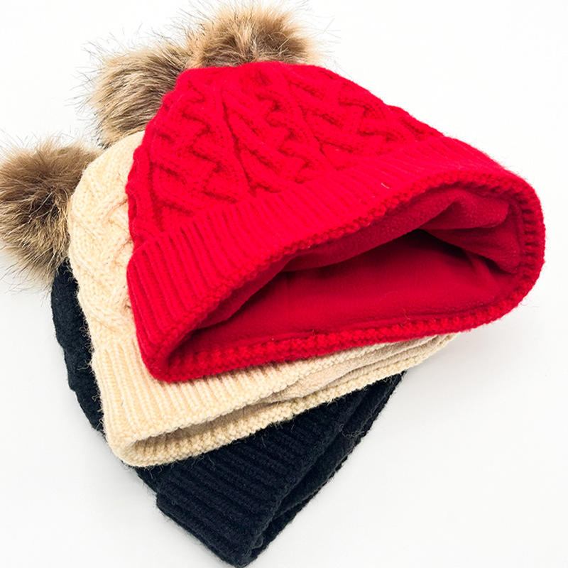 Winter Cable Knit Cuffed Pom Pom Beanie Hat