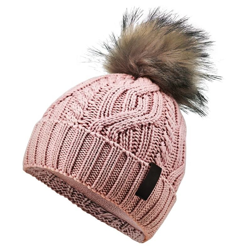 Winter Warm Knit Pom Beanie with Faux Fur Trim