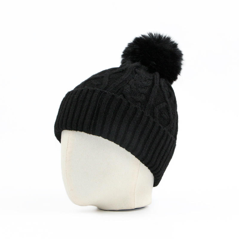 Warm Cable Knit Beanie with Faux Fur Pom Pom and Folded Cuff