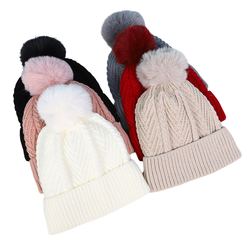 Women’s Cable Knit Cuffed Beanie with Faux Fur Pom Pom for Winter