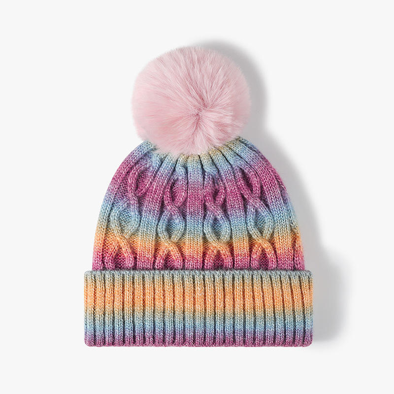 Rainbow Gradient Cable Knit Beanie with Faux Fur Pom Pom