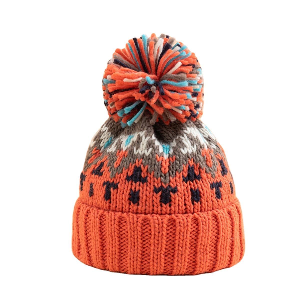 Multicolor Winter Knit Beanie Hat with Pom Pom and Nordic Pattern