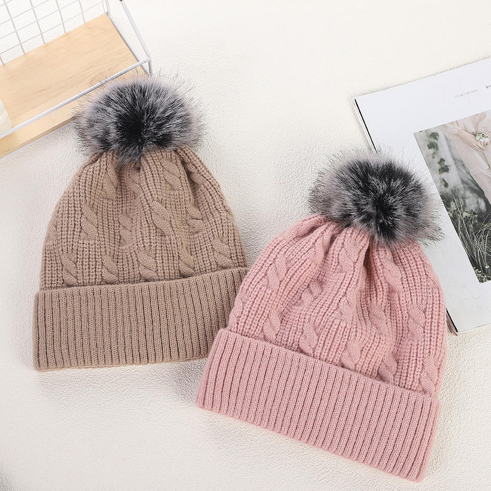 Winter Knit Beanie with Faux Fur Pom – Warm Cuffed Hat for Cold Weather