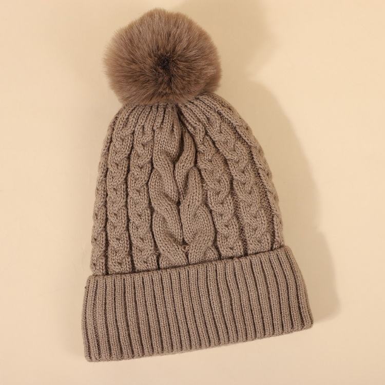 Winter Cable Knit Beanie Hat with Faux Fur Pom Pom