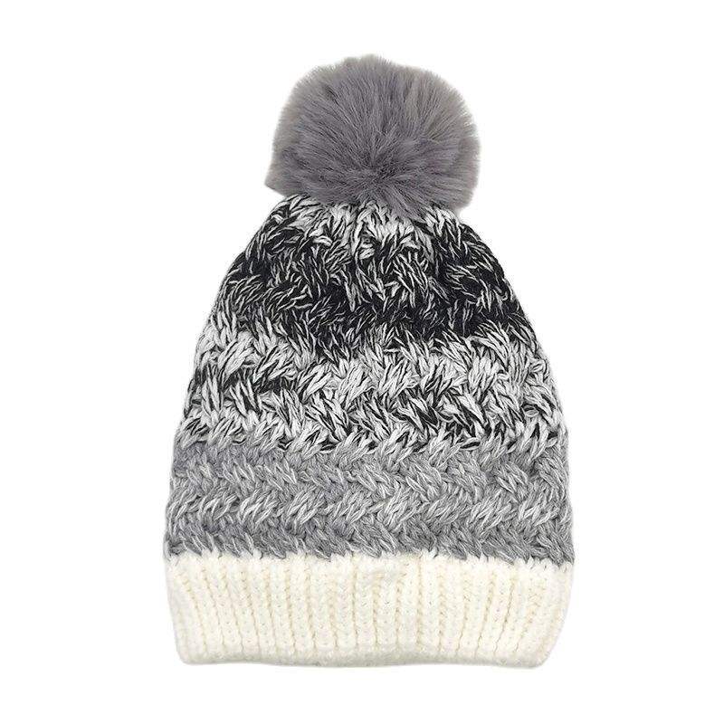 Colorful Gradient Cable Knit Beanie with Faux Fur Pom Pom Winter Hat