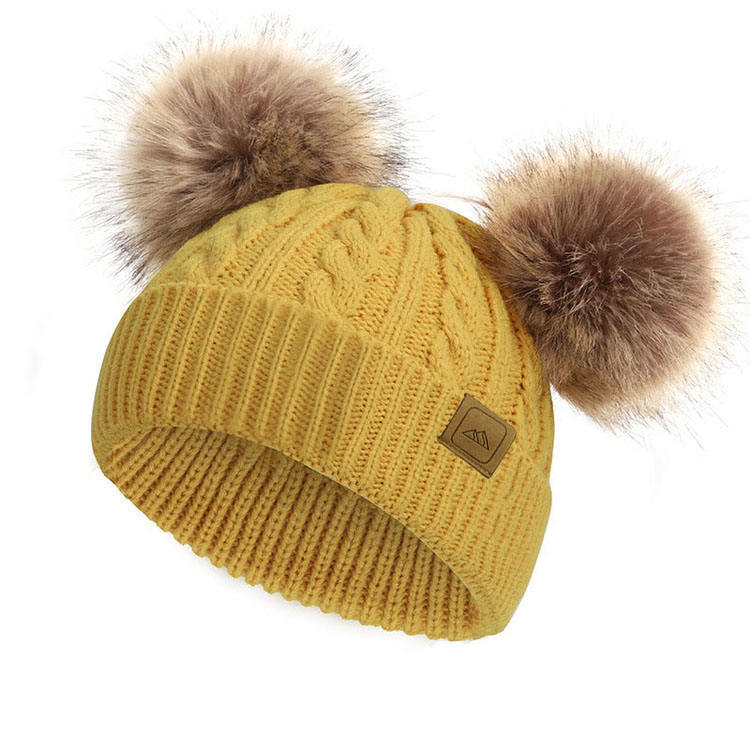 Warm Winter Cable Knit Double Pom Pom Beanie Hat for Kids & Adults