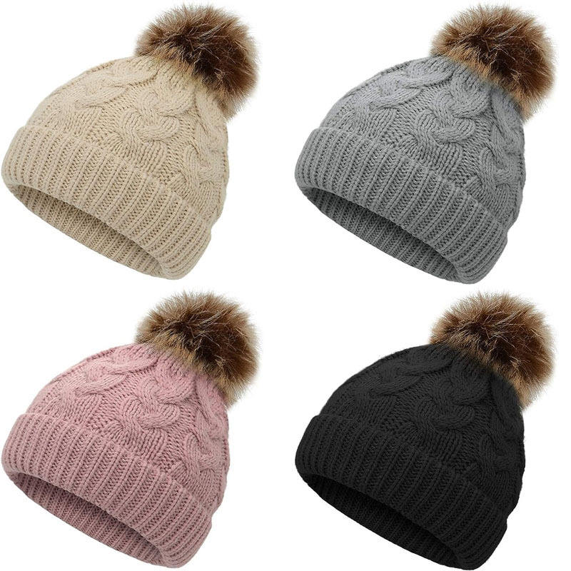 Winter Cable Knit Pom Pom Beanie Hat for Women Warm Soft Stretch Skull Cap