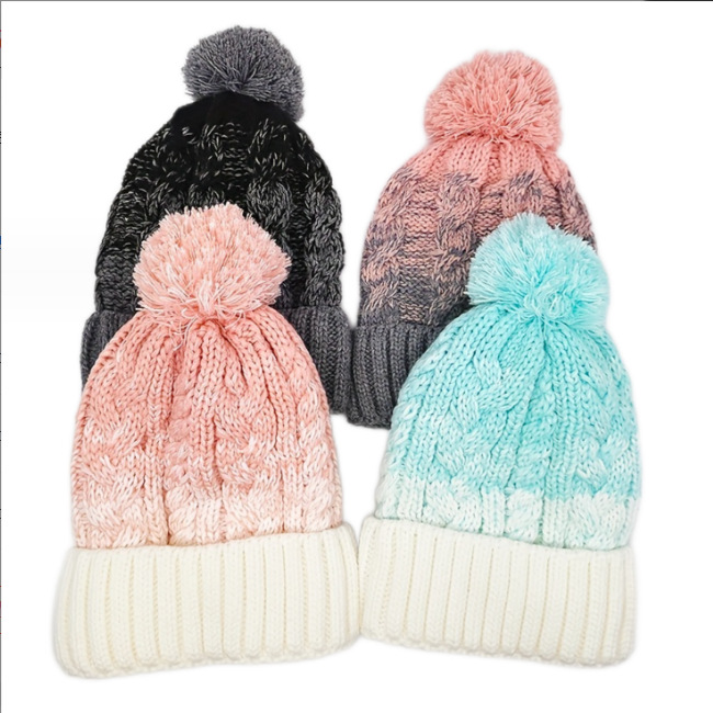 Gradient Cable Knit Pom Pom Beanie with Cuffed Ribbed Hem