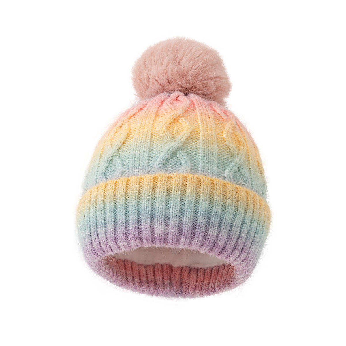 Thick Cable Knit Cuffed Beanie with Faux Fur Pom Pom