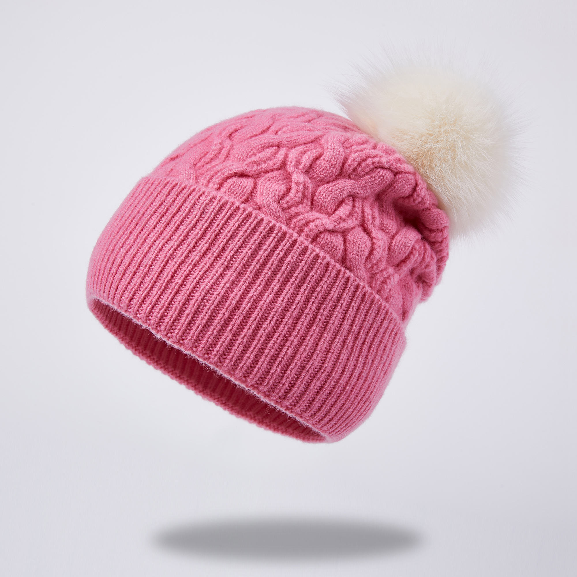 Cable Knit Cuffed Beanie Hat with Faux Fur Pom Pom