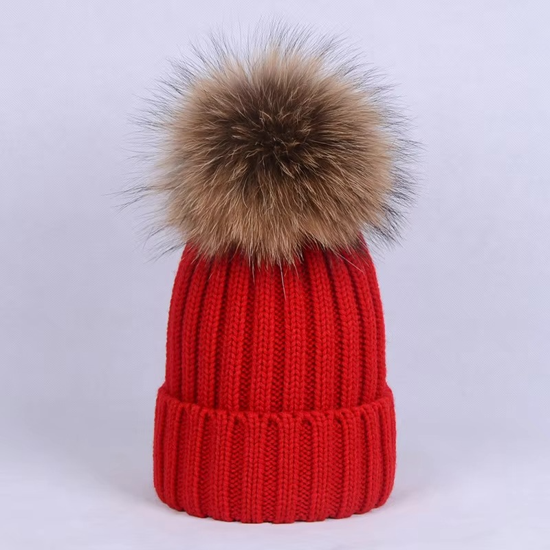 Winter Ribbed Knit Beanie with Faux Fur Pom Pom – Cuffed Warm Hat for Cold Weather