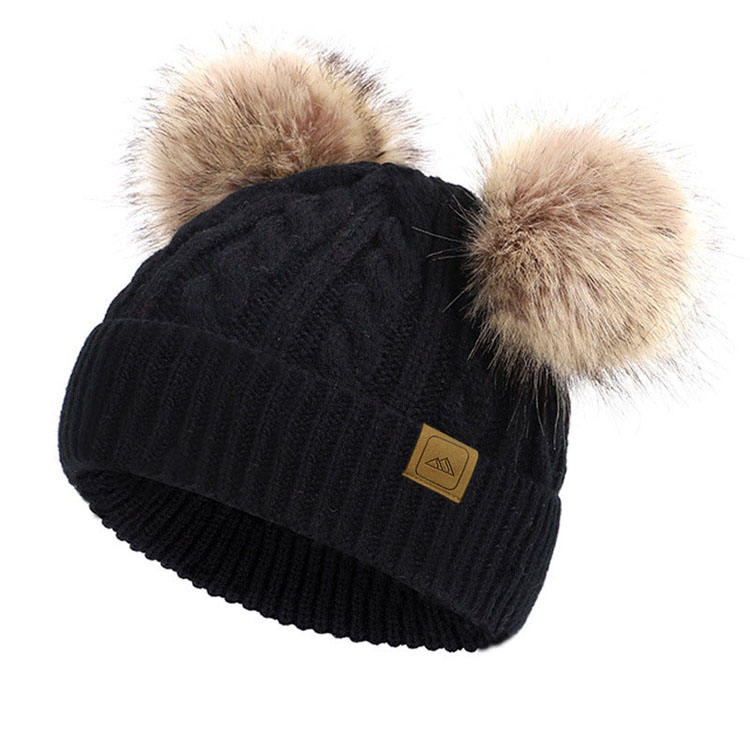 Warm Winter Cable Knit Double Pom Pom Beanie Hat for Kids & Adults