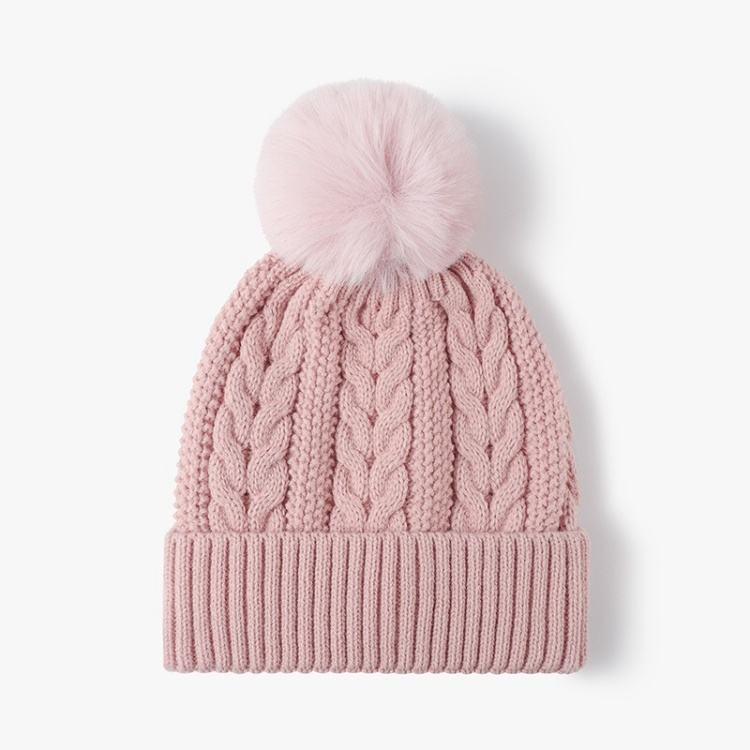 Winter Warm Cable Knit Beanie with Faux Fur Pom