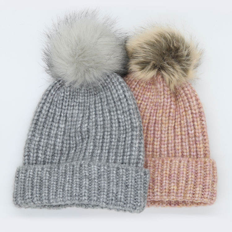 Thick Cable Knit Cuffed Beanie with Faux Fur Pom Pom