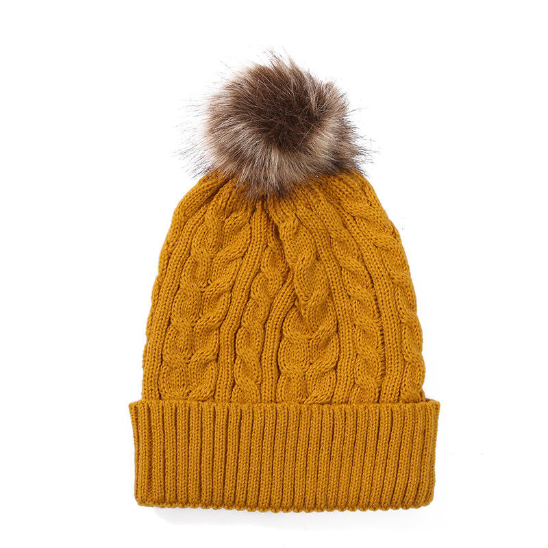 Winter Cable Knit Pom Pom Beanie Hat with Faux Fur