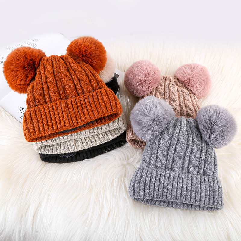 Double Pom Pom Soft Knit Winter Beanie for Kids and Adults