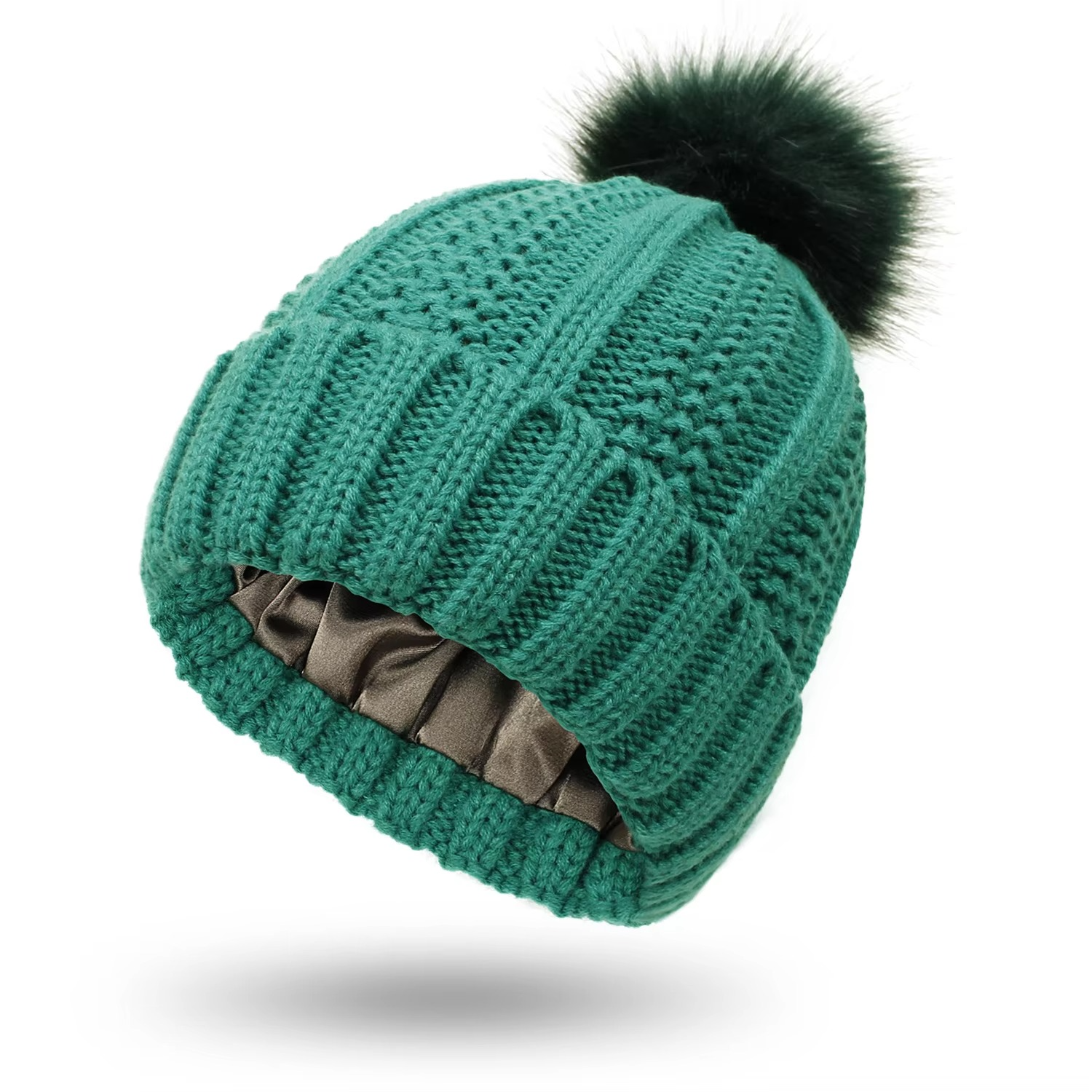 Winter Warm Knitted Beanie with Faux Fur Pom and Satin Lining