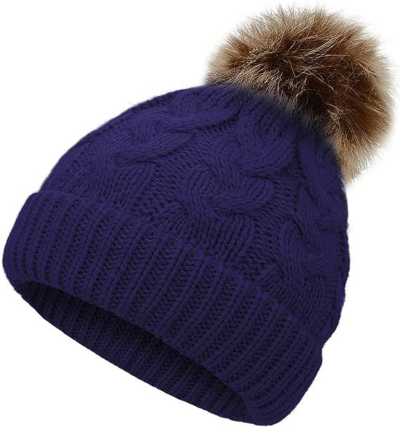 Winter Cable Knit Pom Pom Beanie Hat for Women Warm Soft Stretch Skull Cap